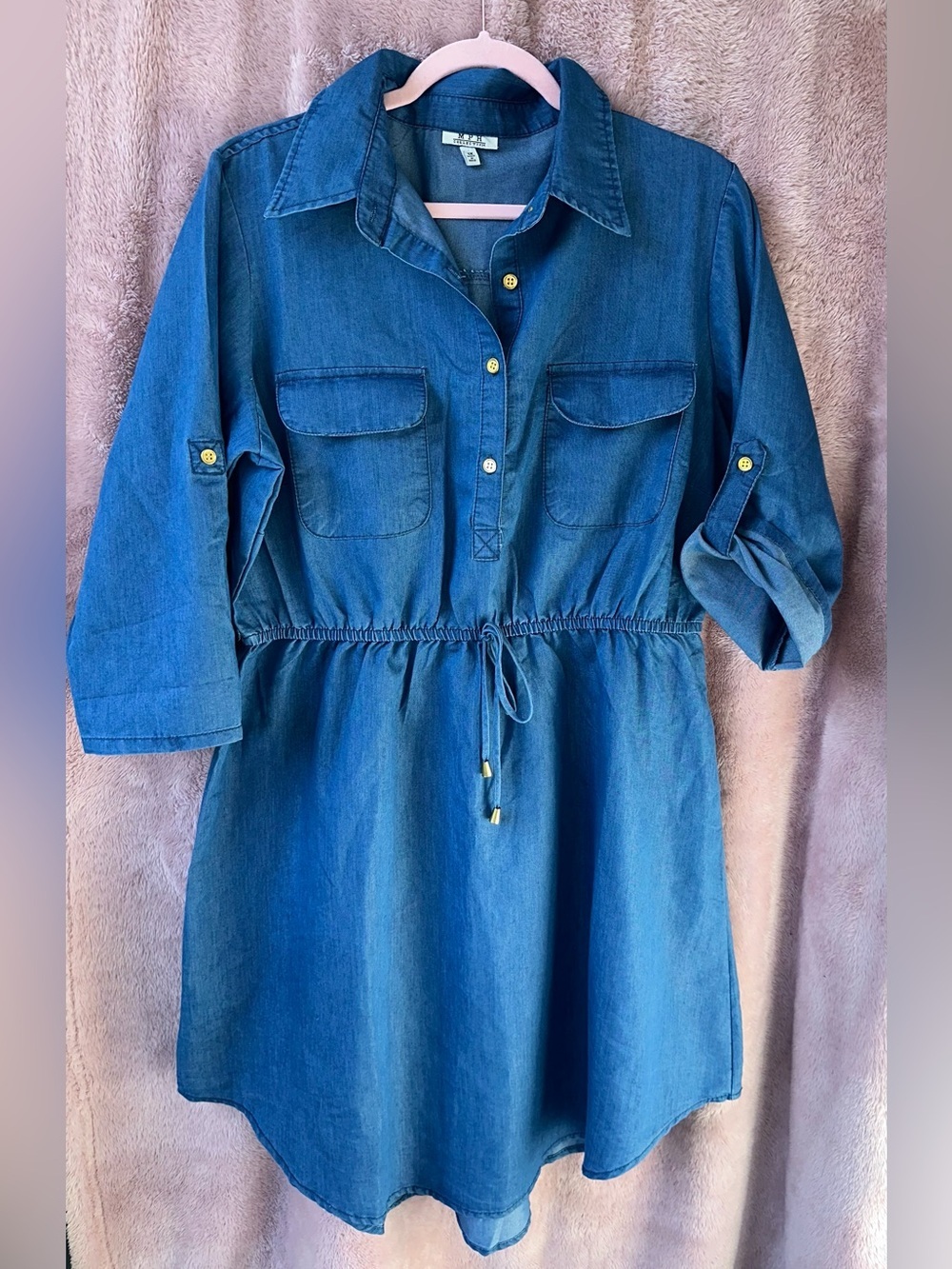 Denim Chambray Shirt Dress Drawstring Waist Roll Tab Sleeves